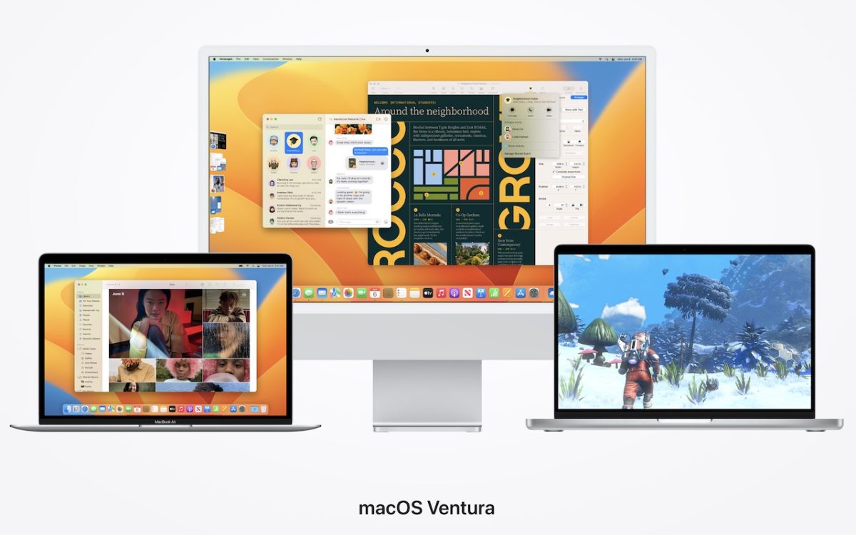 An imac, mac air, and macbook pro with various screenshots and images